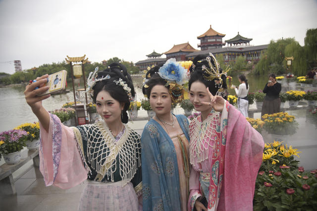 古城开封汴京公园摆放多姿多彩的菊花 吸引